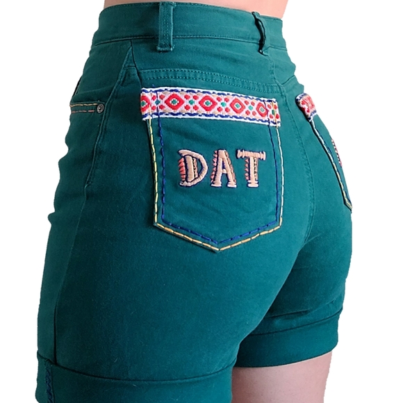 Vintage Pants - Custom embroidered teal booty shorts DAT ASS :)